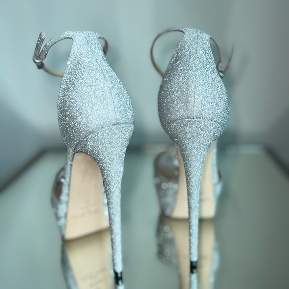 Jimmy Choo Max 150 Metallic Silver Glitter Fabric Platform Stiletto Sandals 37 - Picture 12 of 17